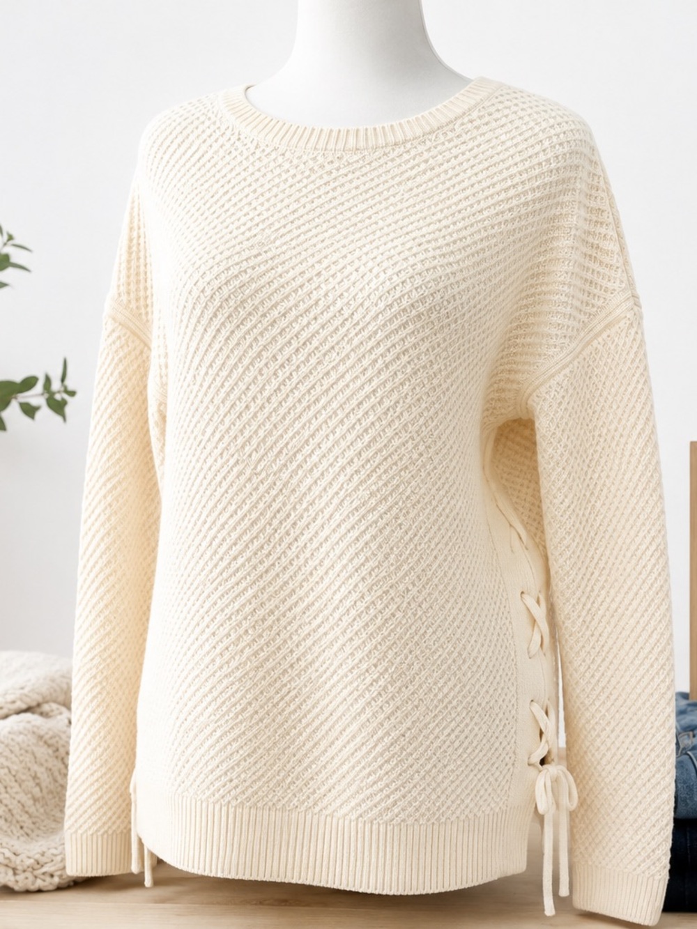 Talbots Womens Medium Ivory Cream Textured Knit Side Lace Up Crew Neck Sweater